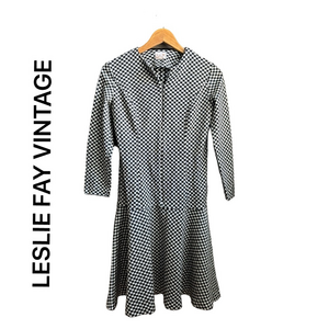 Leslie Fay Vintage Checked Mod Black & White Midi Dress Small